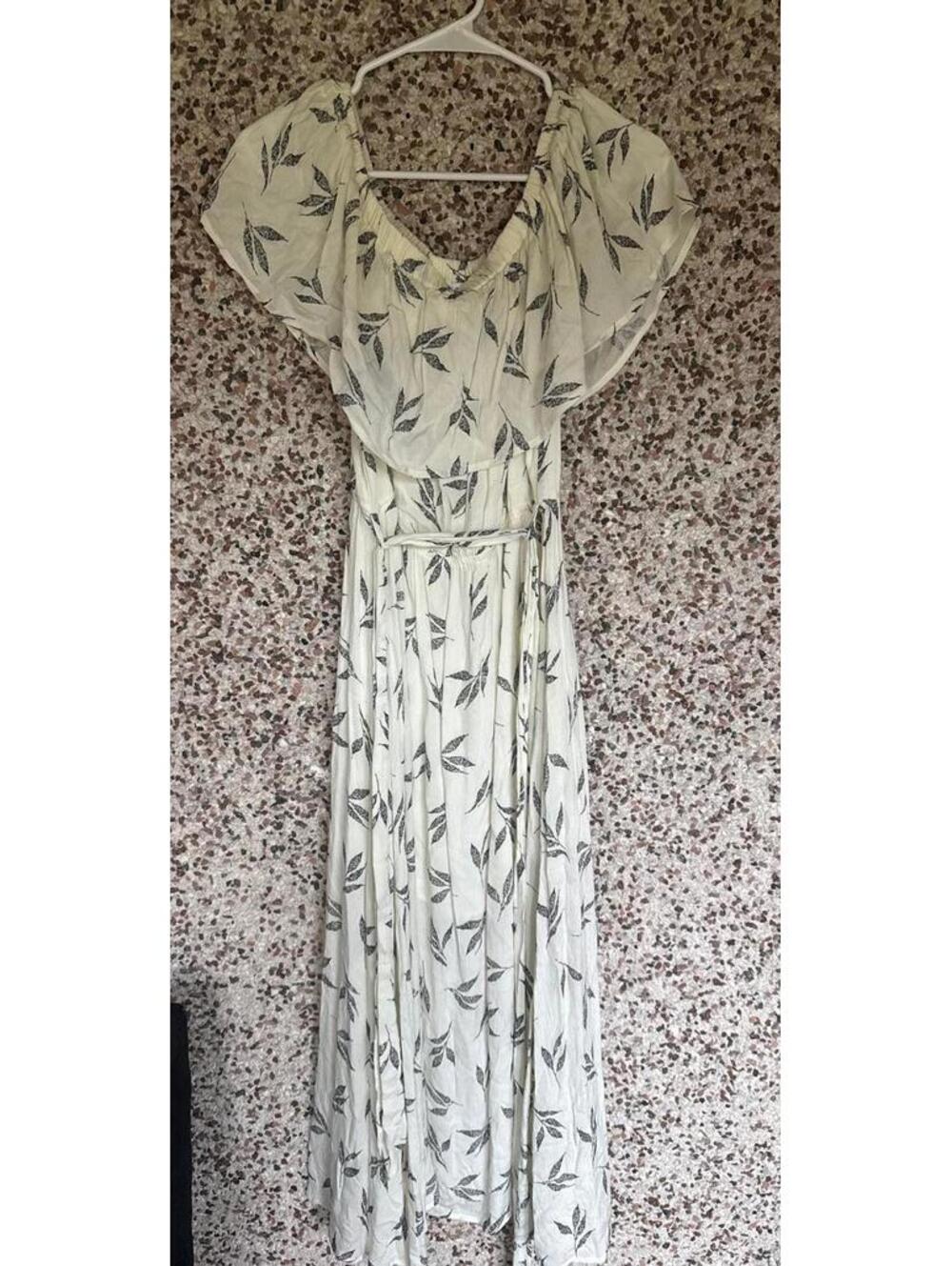 Baltic Born Leaf Print Maxi Dress M Off Shoulder Belted Ivory Black New Tag
